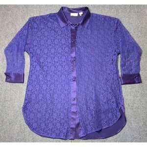 VTG Victoria Secret Gold Label Sleep Shirt Women's Purple Lace Silky 3/4 Sleeve